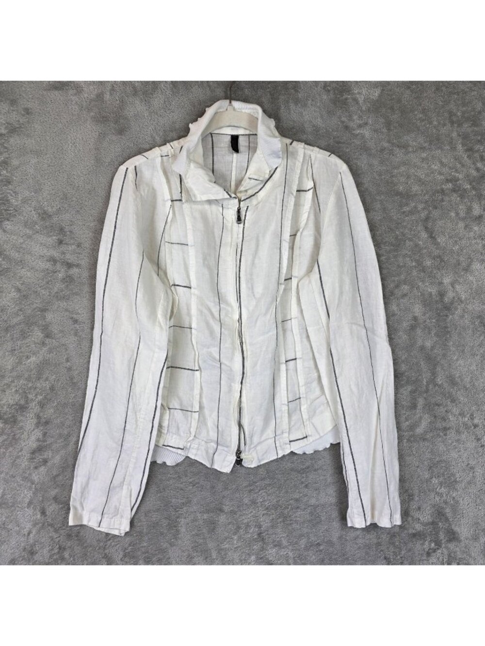 Inizio Jacket Womens XL White Linen Blend Zip Front Ruffle Hem Striped